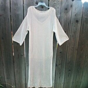 YFB CROCHET SANTORINI PENCIL MAXI DRESS WOMENS M IVORY OPEN-KNIT MESH PATTERN